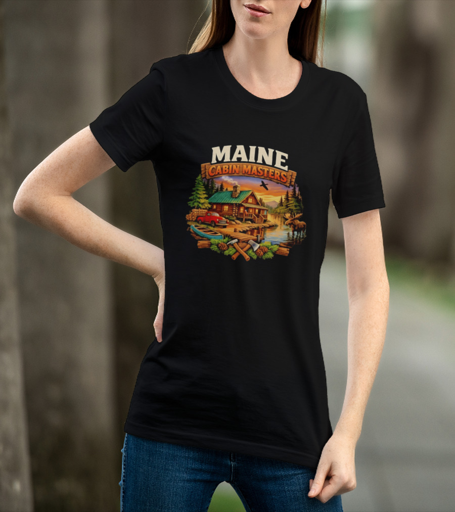 Maine Cabin Masters Rustic Wilderness Scene With Moose And Red Truck T-Shirt