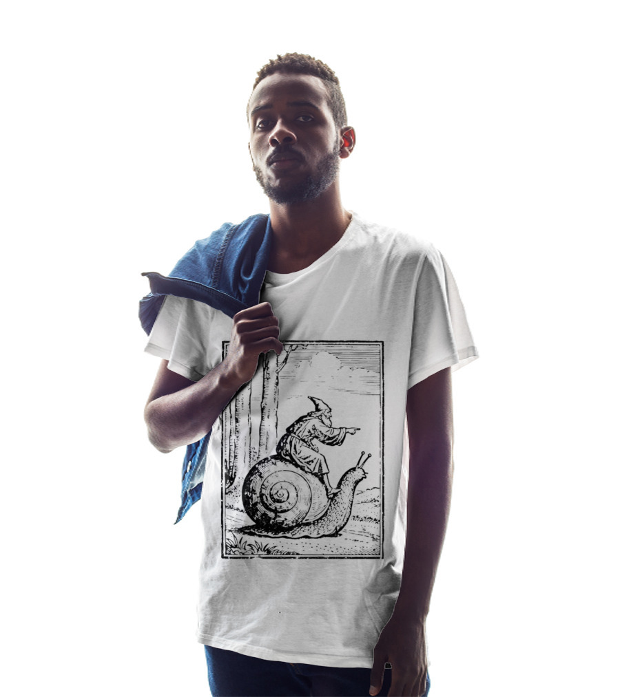 Medieval Snail Rider Wizard Woodcut Fantasy Enchantment T-Shirt