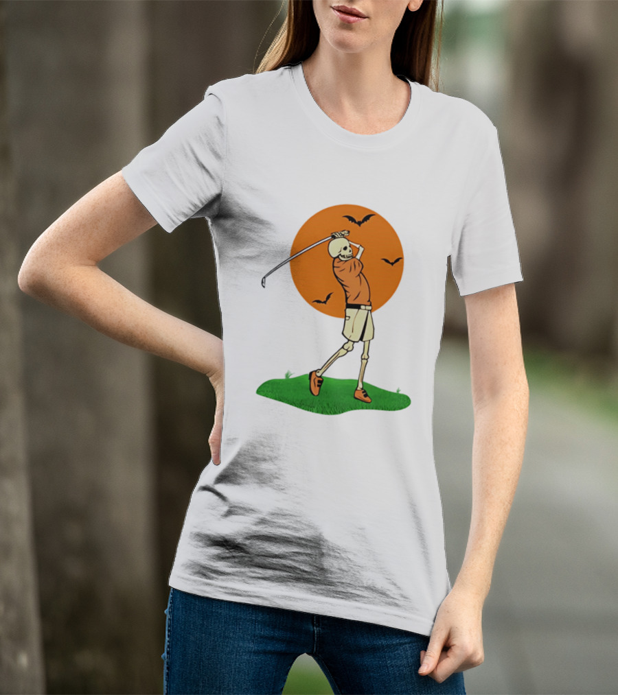 Skeleton Golfer At Sunset With Flying Bats T-Shirt