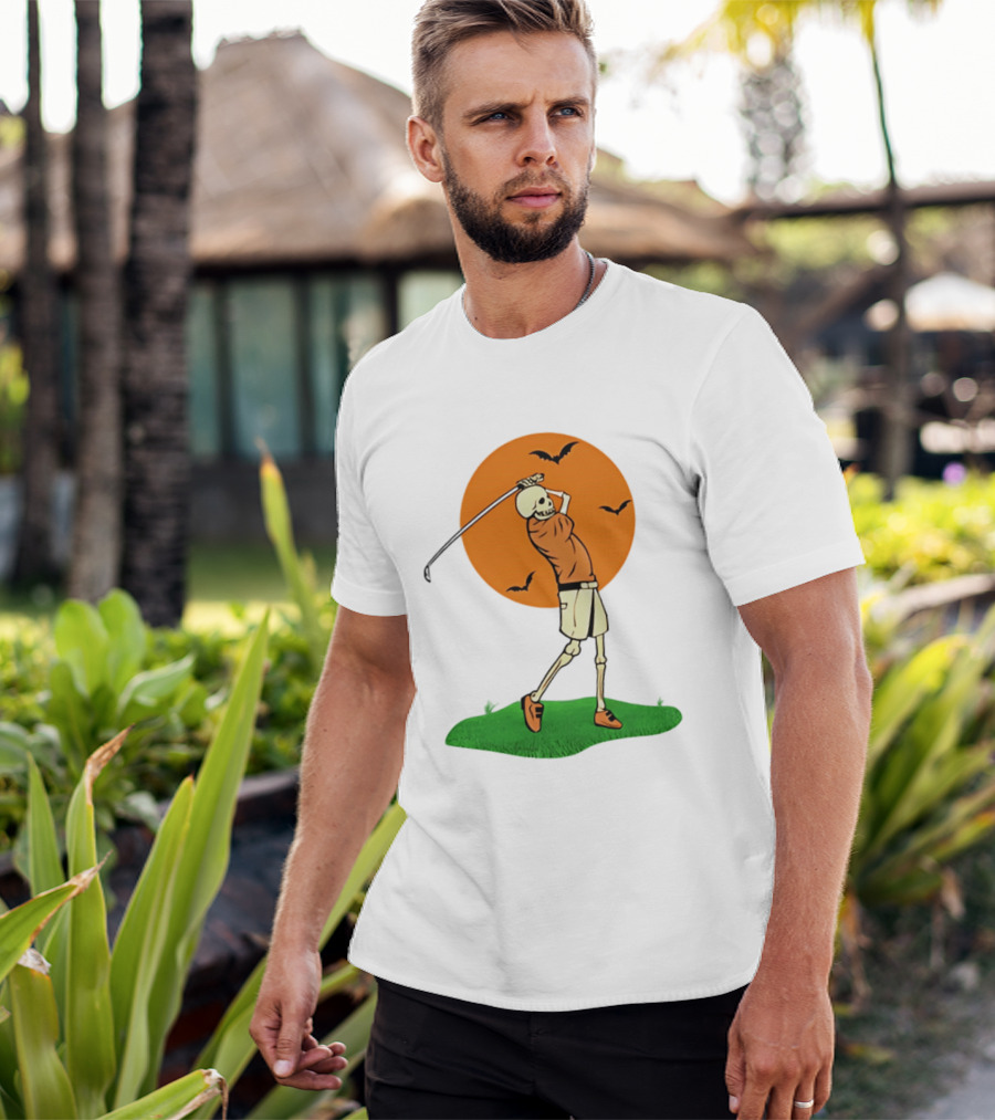 Skeleton Golfer At Sunset With Flying Bats T-Shirt