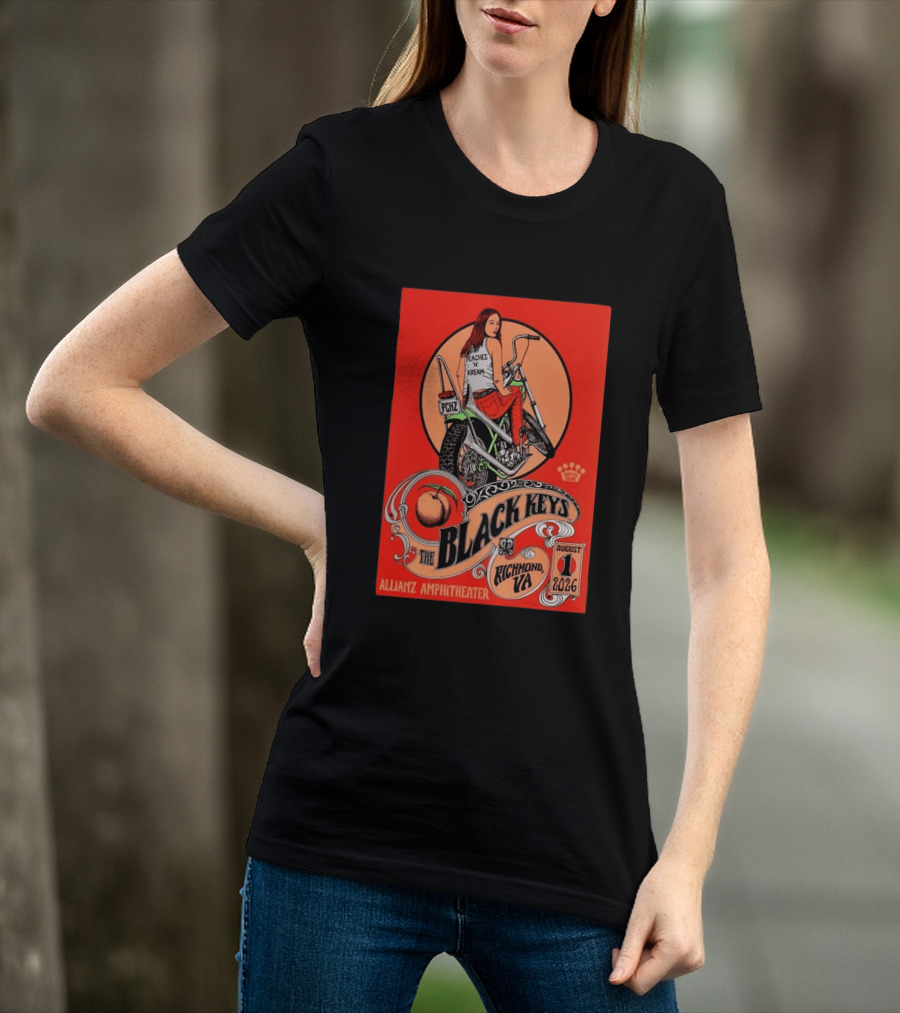 The Black Keys Allianz Amphitheater Richmond VA August 1 2026 Peaches N Kream Motorcycle T-Shirt
