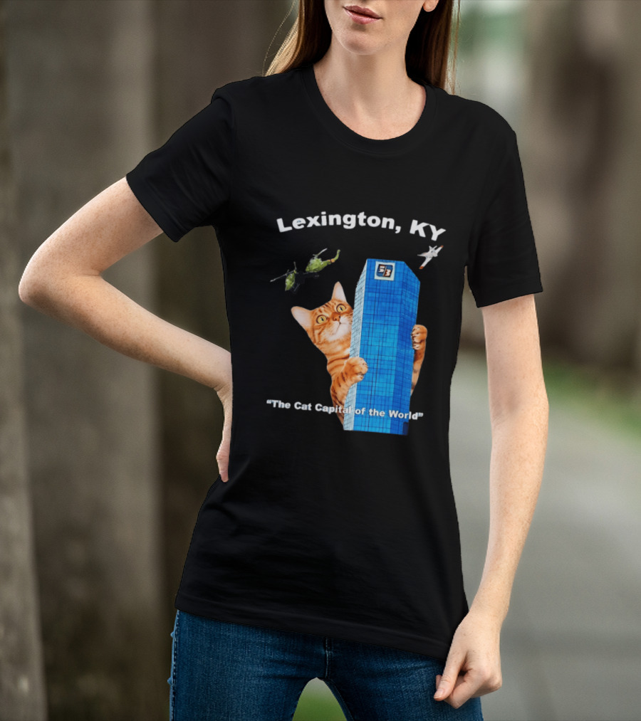 Lexington KY The Cat Capital Of The World Funny Cat With Building And Helicopter T-Shirt