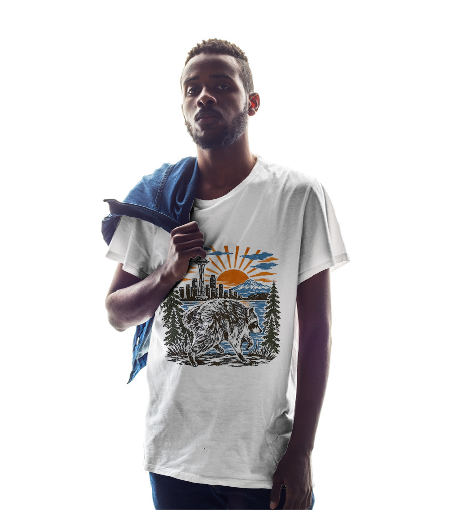 Raccoon Jimothy Seattle Skyline Sunset With Space Needle T-Shirt