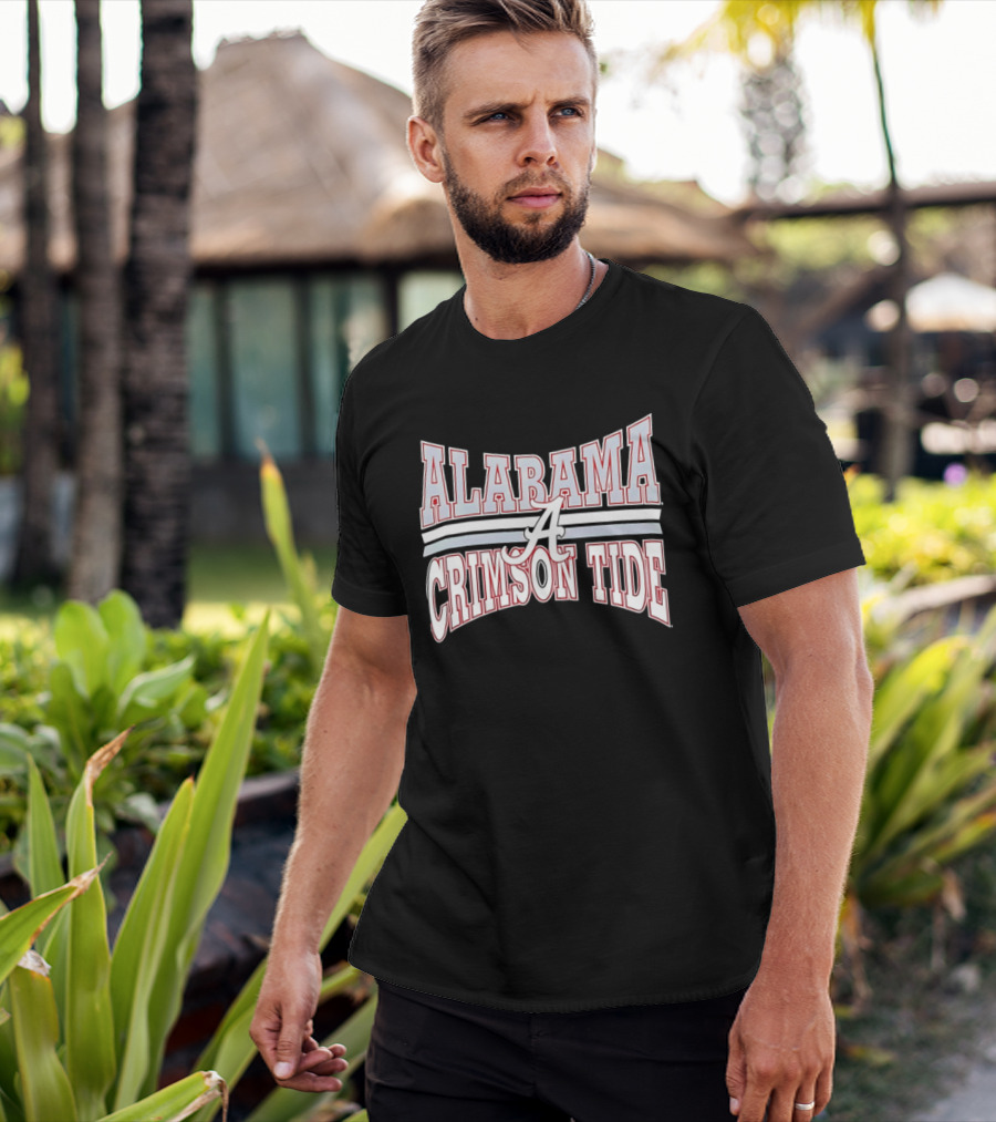 Alabama Crimson Tide Script A Curved Stripes Block Lettering T-Shirt
