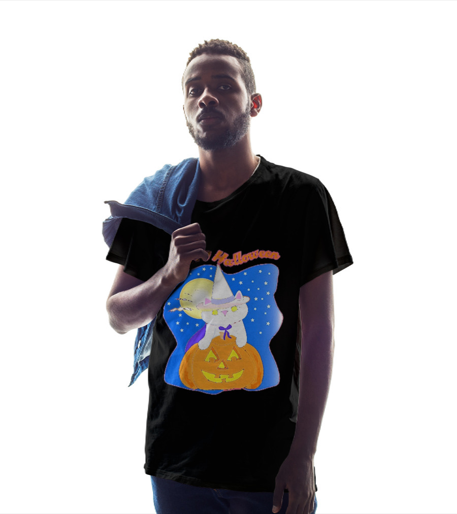 Happy Halloween Cat Witch On Pumpkin With Full Moon And Stars T-Shirt