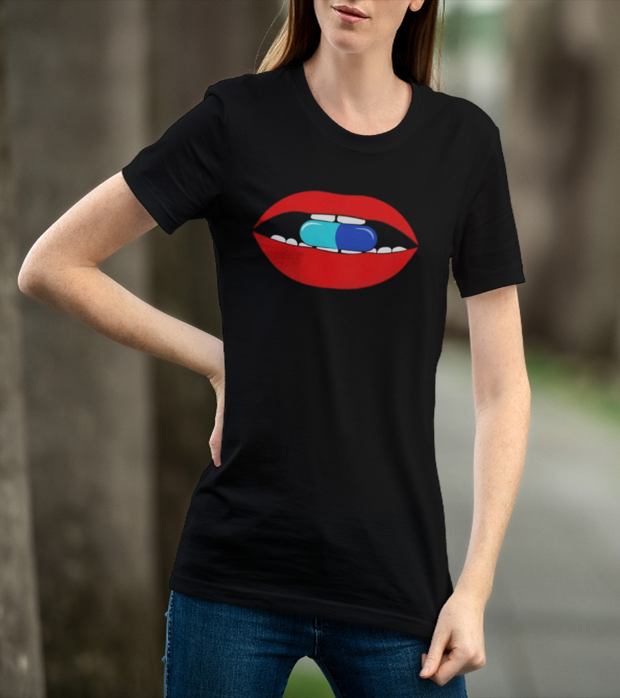 Red Lips Blue And Cyan Pill Bite T-Shirt