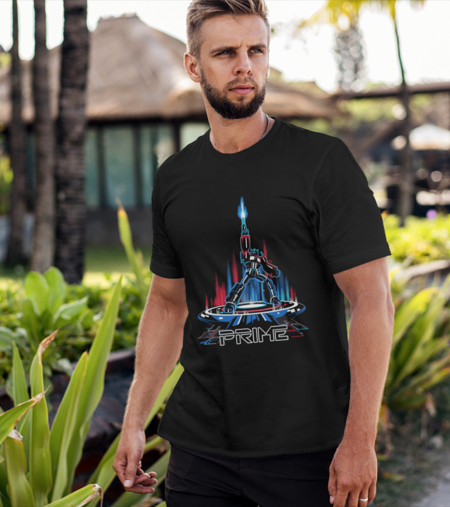 Prime Neon Robot Raising Glowing Light Beam Circular Platform T-Shirt