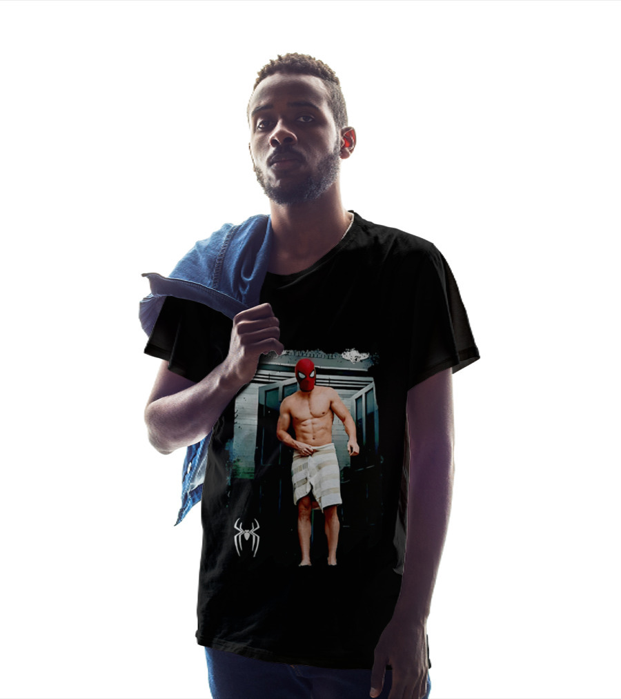 Spider Man Masked Figure In Towel Scene With Iconic White Spider T-Shirt