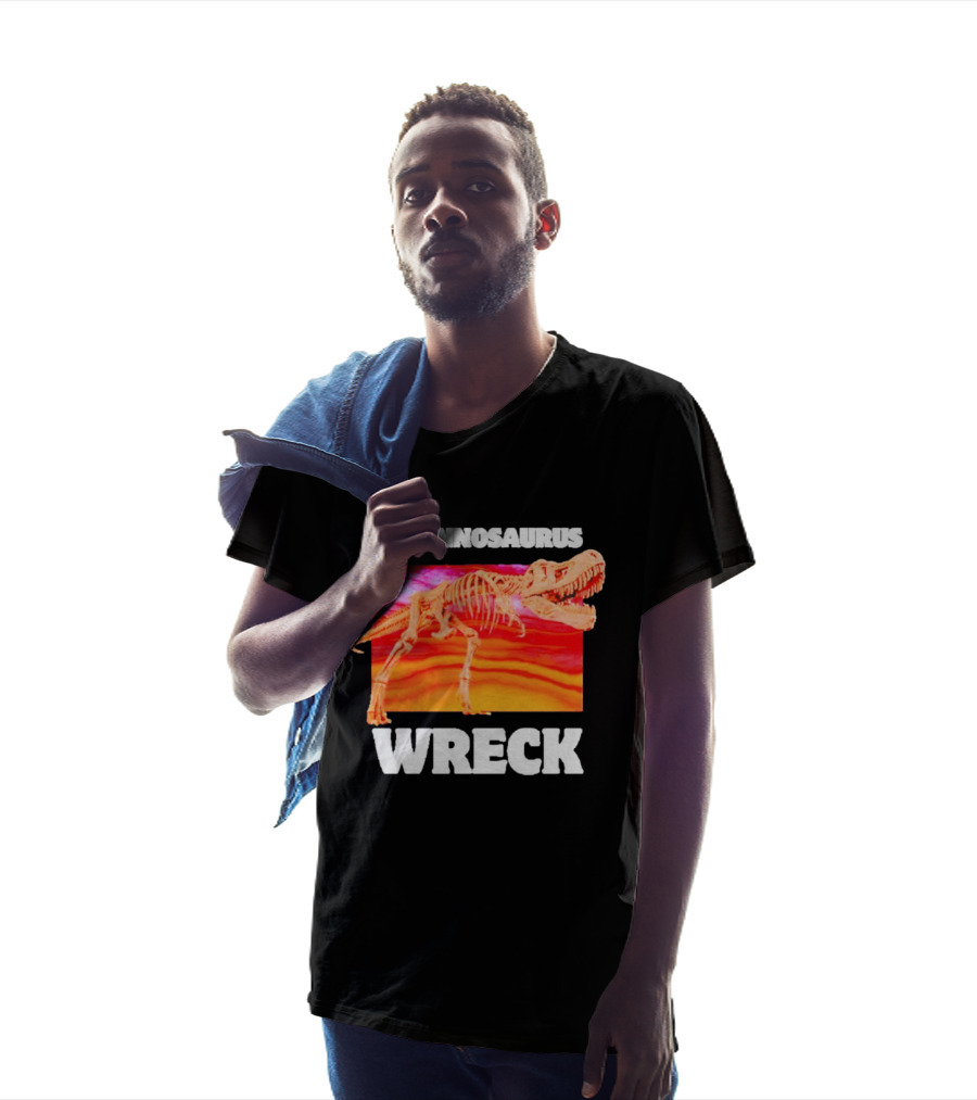 Tyrannosaurus Wreck Dinosaur Pun With Rex Skeleton On Sunset T-Shirt