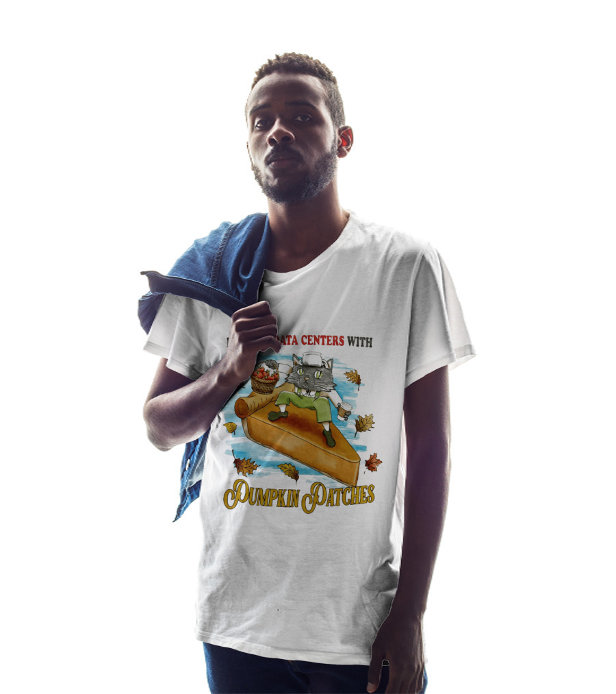 Replace Data Centers With Pumpkin Patches Cat On Pie With Coffee And Harvest Leaves T-Shirt