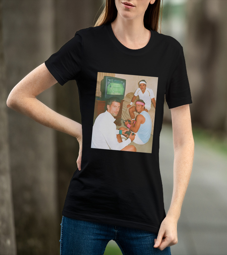 Novak Djokovic Rafael Nadal Roger Federer Playing Tennis Video Game T-Shirt