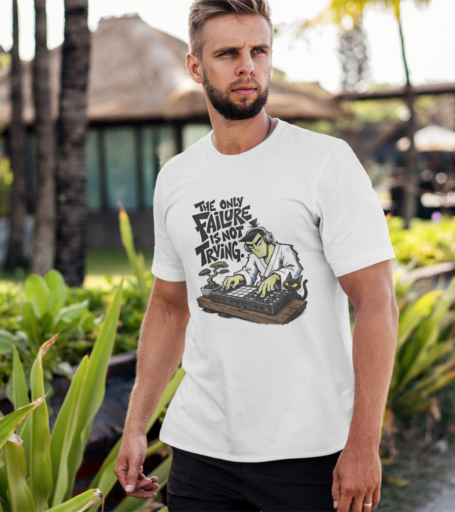 The Only Failure Is Not Trying Samurai DJ With Cat And Bonsai T-Shirt