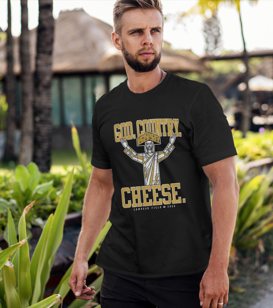 God Country Cheese Lambeau Field 2026 Jesus Statue Wearing Cheesehead T-Shirt