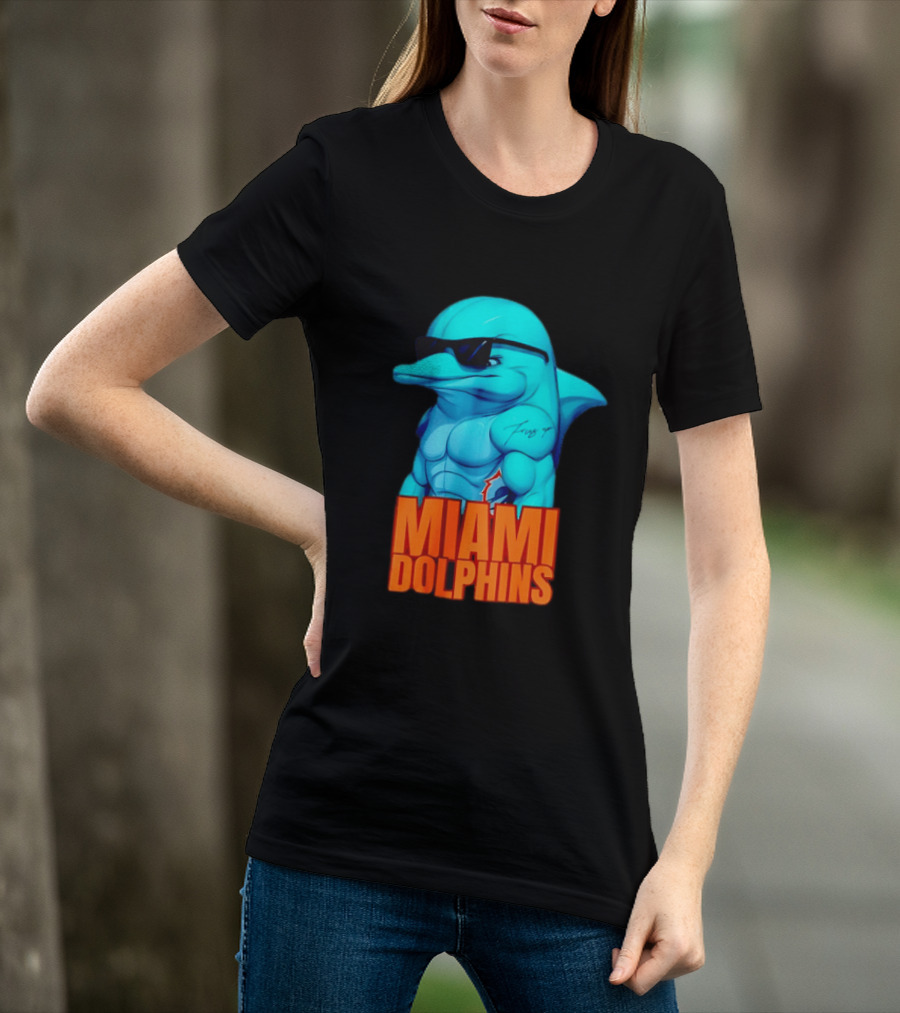 Miami Dolphins Fins Up Muscular Cartoon Sunglasses Tattoo T-Shirt