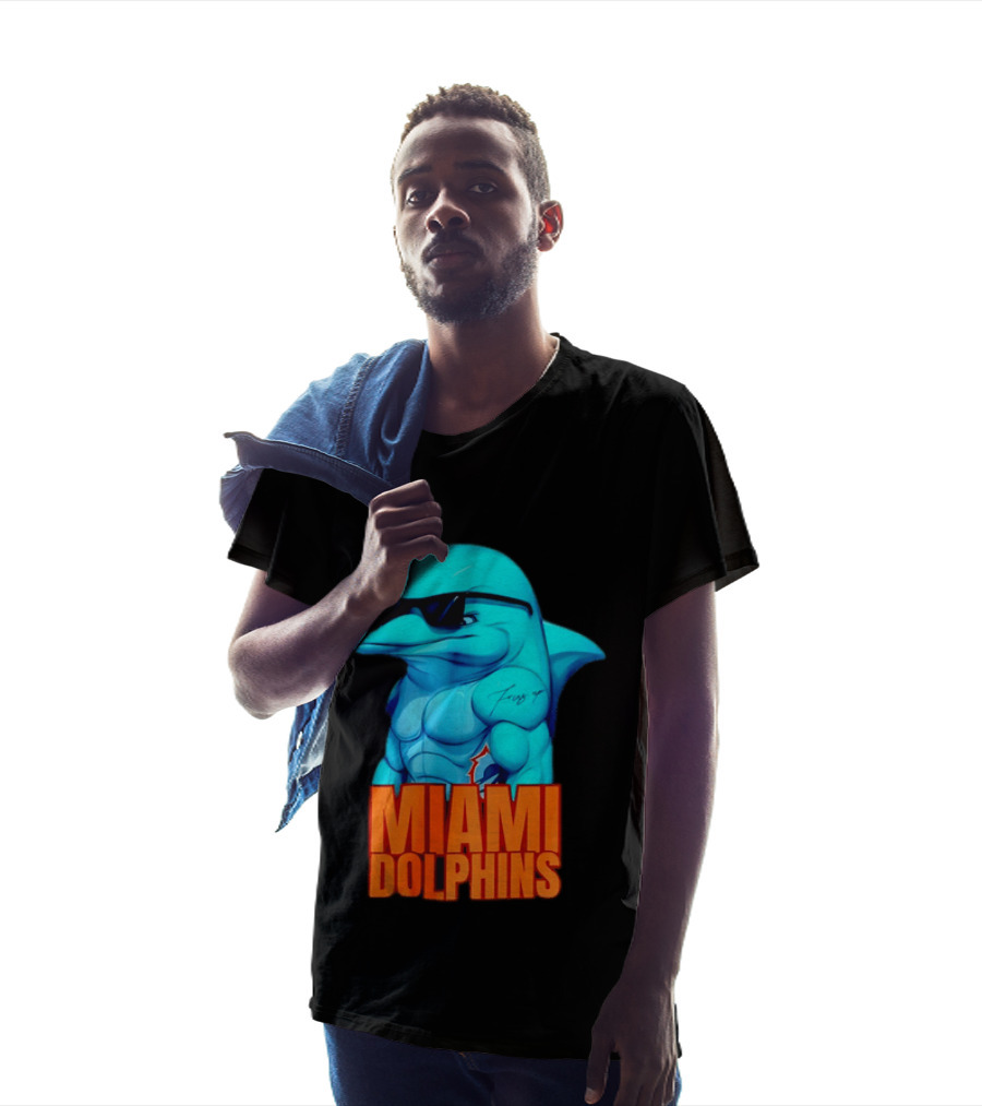 Miami Dolphins Fins Up Muscular Cartoon Sunglasses Tattoo T-Shirt