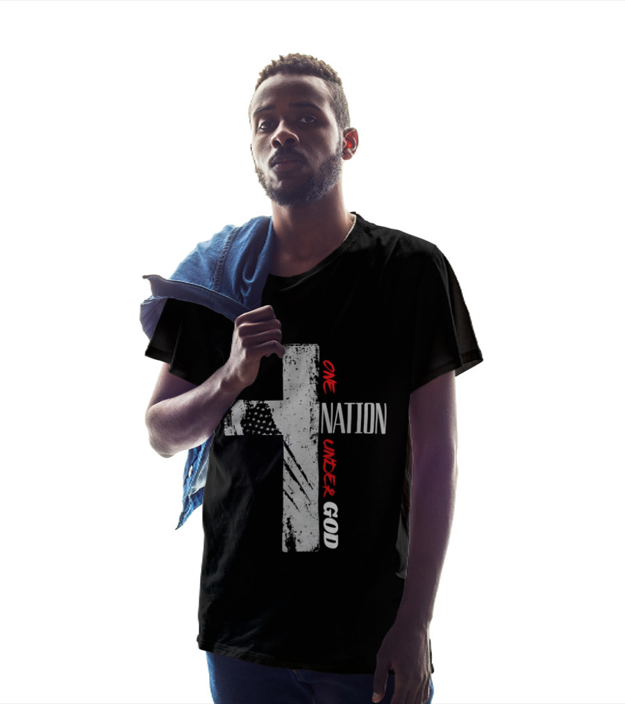 One Nation Under God Distressed Cross American Flag Stars T-Shirt
