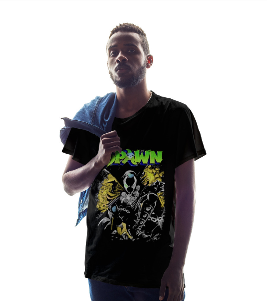 Spawn Crouching Superhero Chains Cape Distressed Comics T-Shirt
