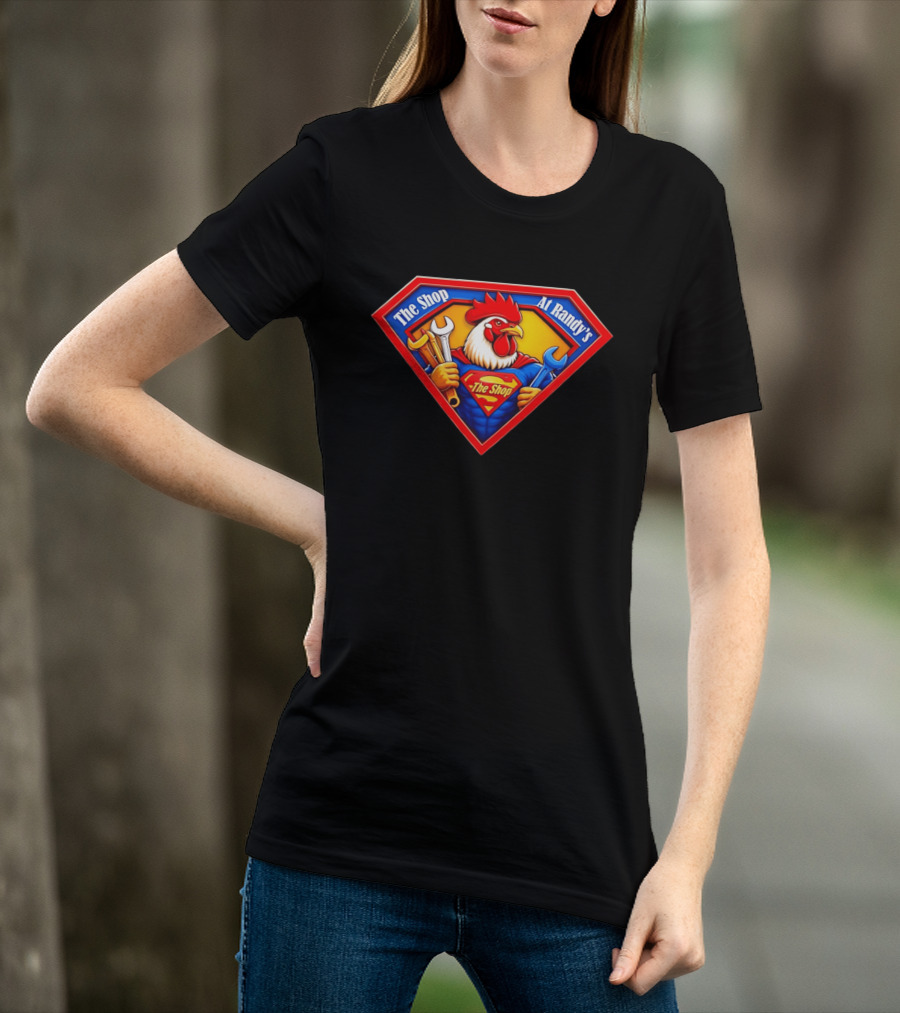 The Shop At Randy's Cartoon Rooster Superhero Wrenches Crest T-Shirt