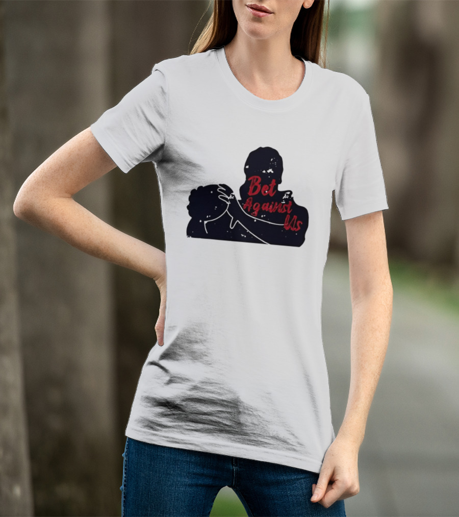Bet Against Us Red Script Embracing Figures White Line T-Shirt