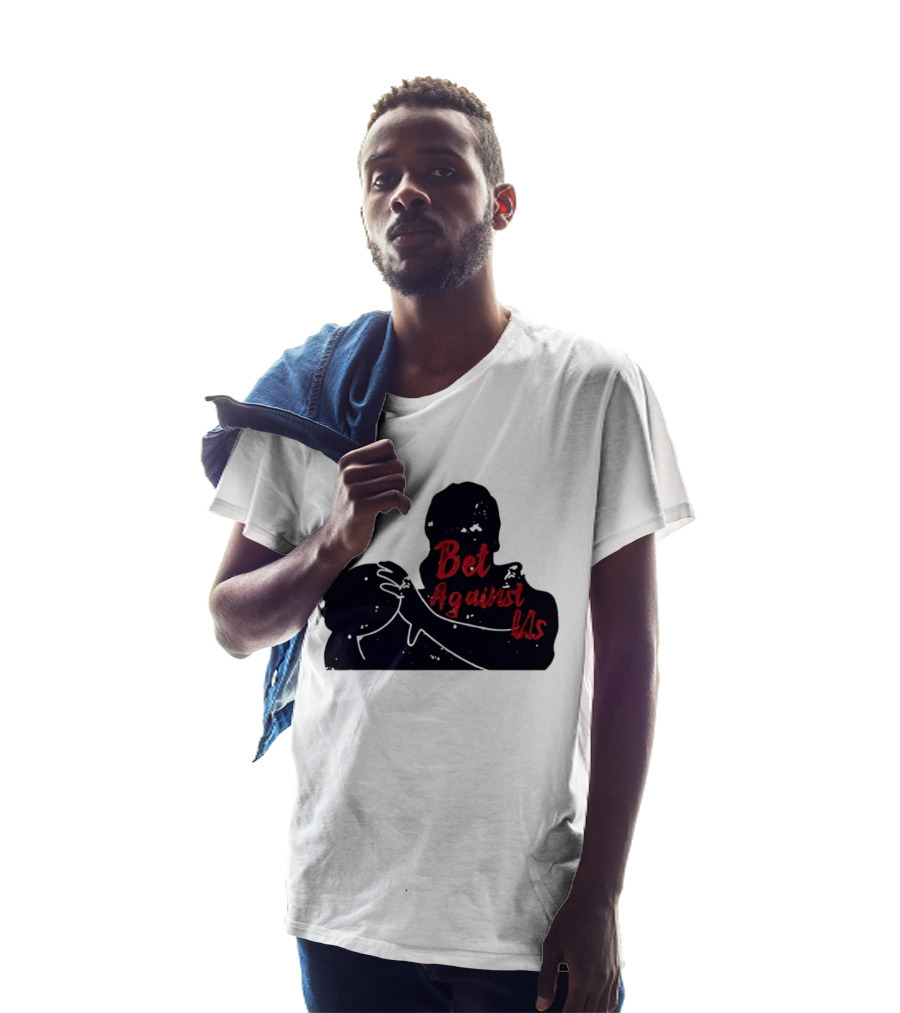 Bet Against Us Red Script Embracing Figures White Line T-Shirt