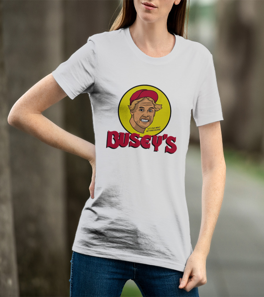 Busey's Let's Talk About Buttered Sausage Gary Busey Red Cap T-Shirt