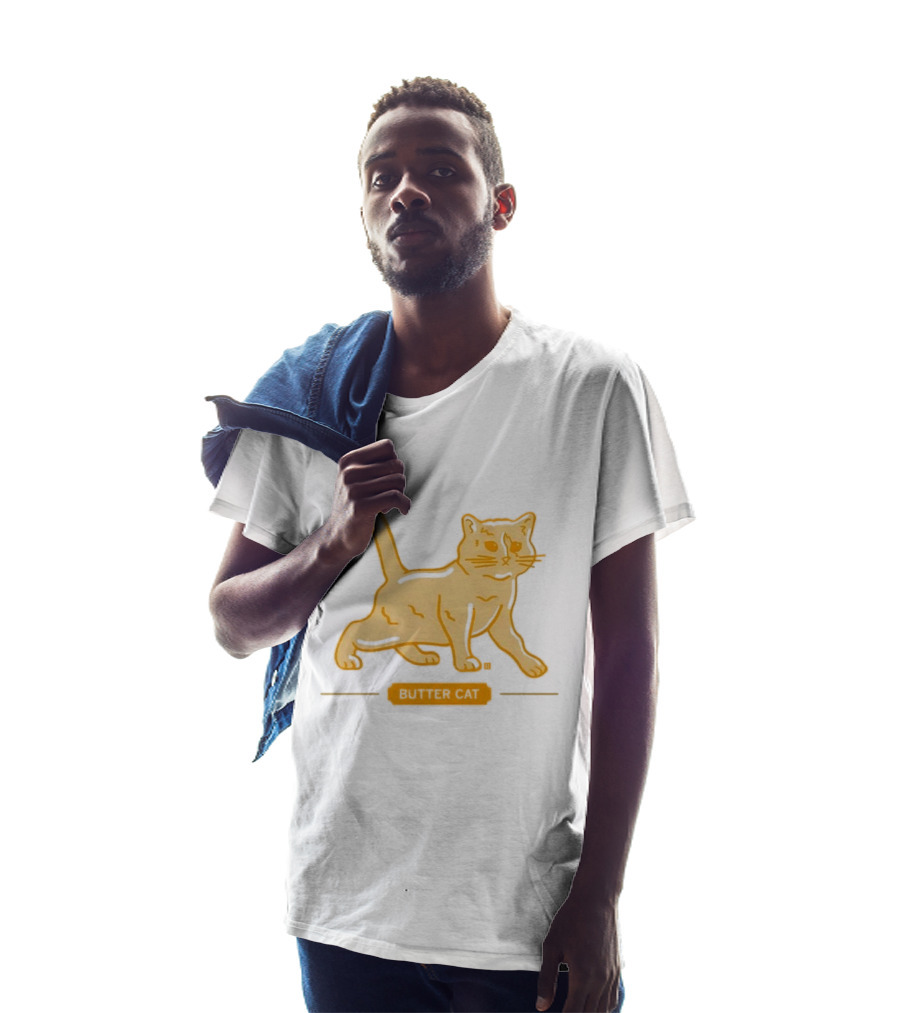 Butter Cat Yellow Orange Cartoon Walking Feline Line T-Shirt