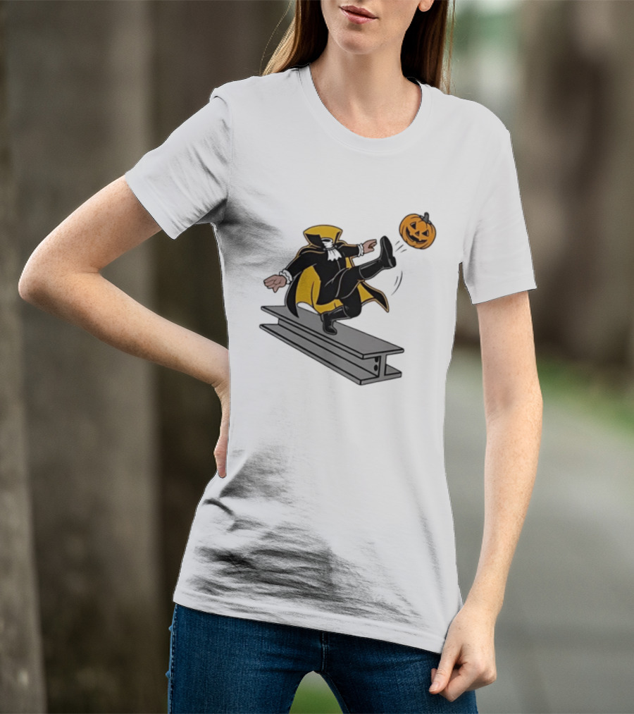 Cartoon Headless Horseman Kicking Jack O Lantern Pumpkin Steel Beam T-Shirt