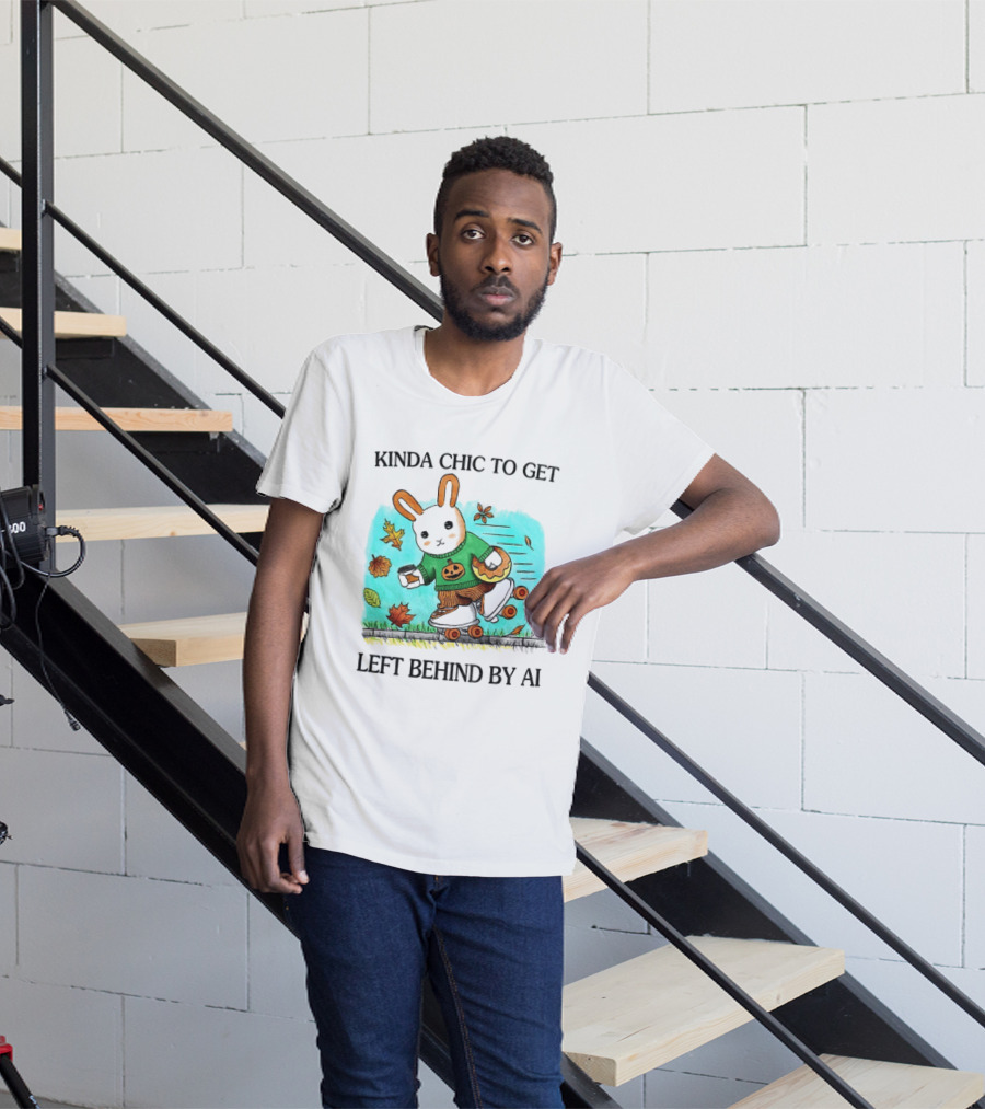 Kinda Chic Rabbit Roller Skating With Pumpkin Happy Fall Leaves Left Behind By AI T-Shirt