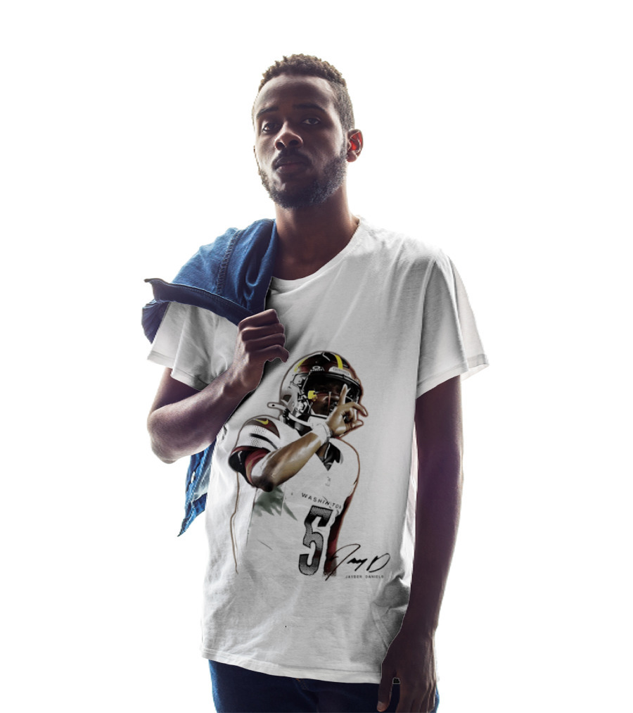 Washington Commanders Jayden Daniels Quarterback Finger To Lips Photo Cutout T-Shirt