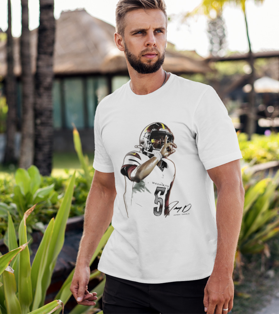 Washington Commanders Jayden Daniels Quarterback Finger To Lips Photo Cutout T-Shirt