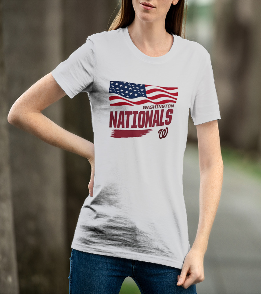 Washington Nationals Waving American Flag Red Brushstroke MLB T-Shirt