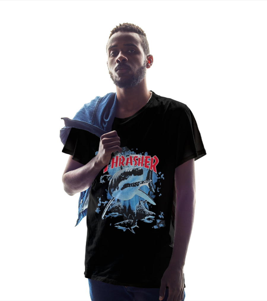Thrasher Shark Blue Print Skateboarding T-Shirt