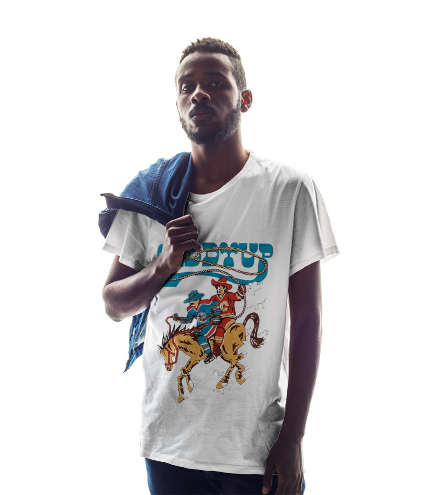 Calgary Flames Edmonton Oilers NHL Hockey Players Giddyup Cartoon Riding Bucking Horse Lasso T-Shirt