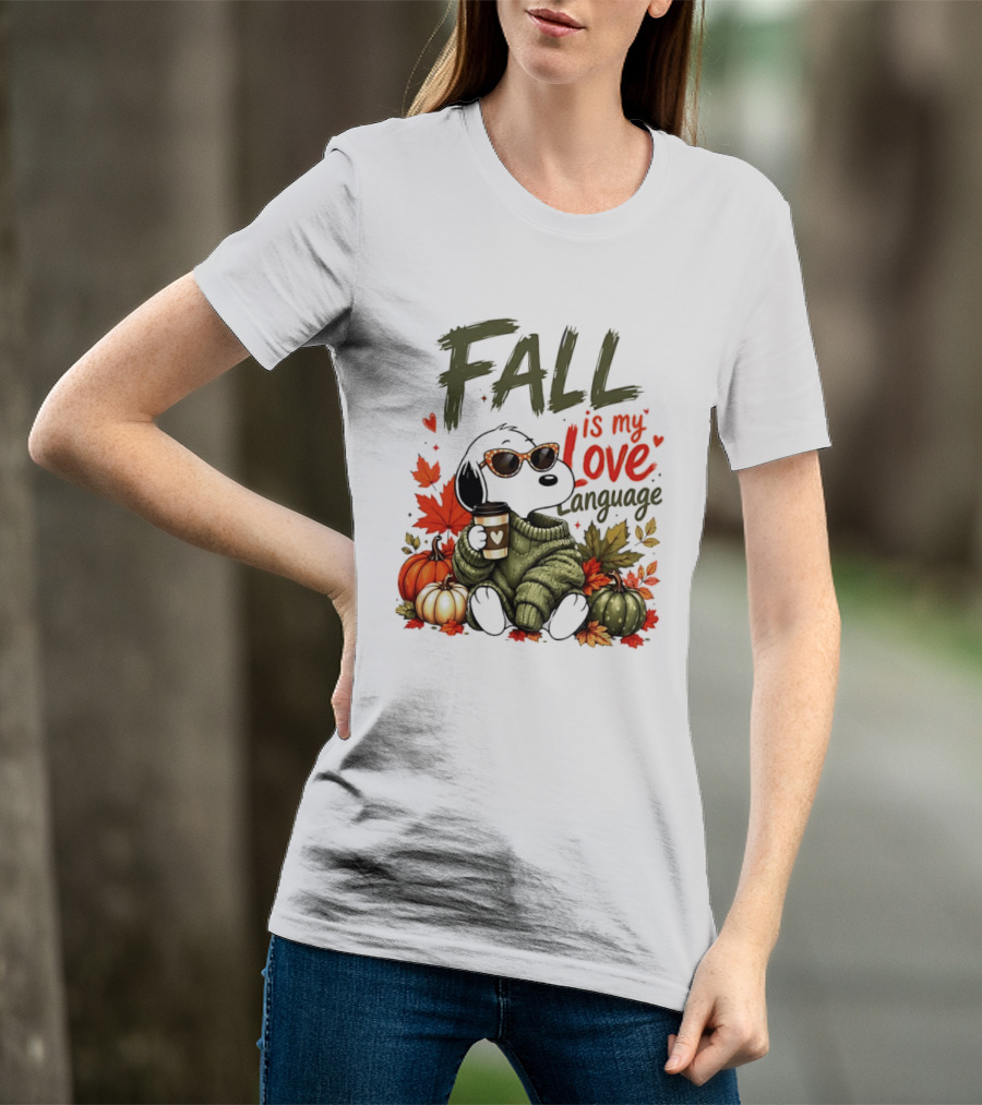 Fall Is My Love Language Cartoon Dog Cozy Green Sweater Pumpkins Leaves Coffee T-Shirt