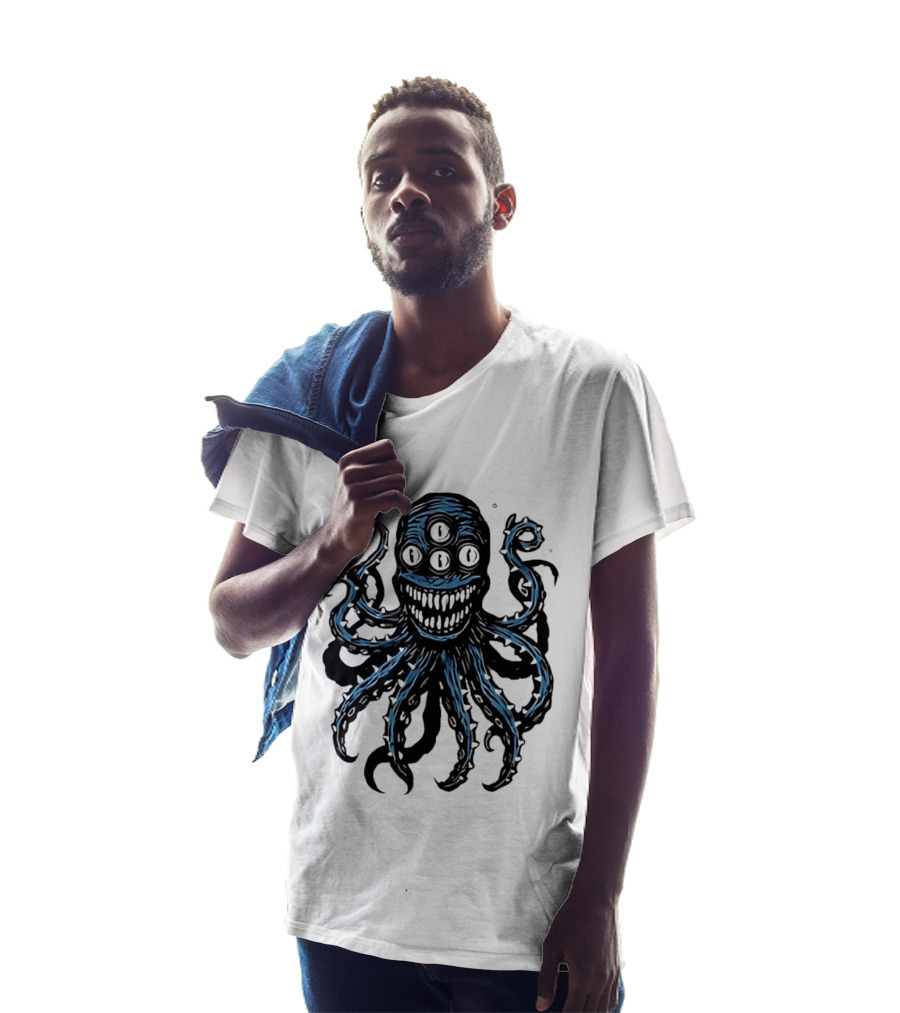 Monstrous Spiky Tentacles Blue Octopus Woodcut T-Shirt