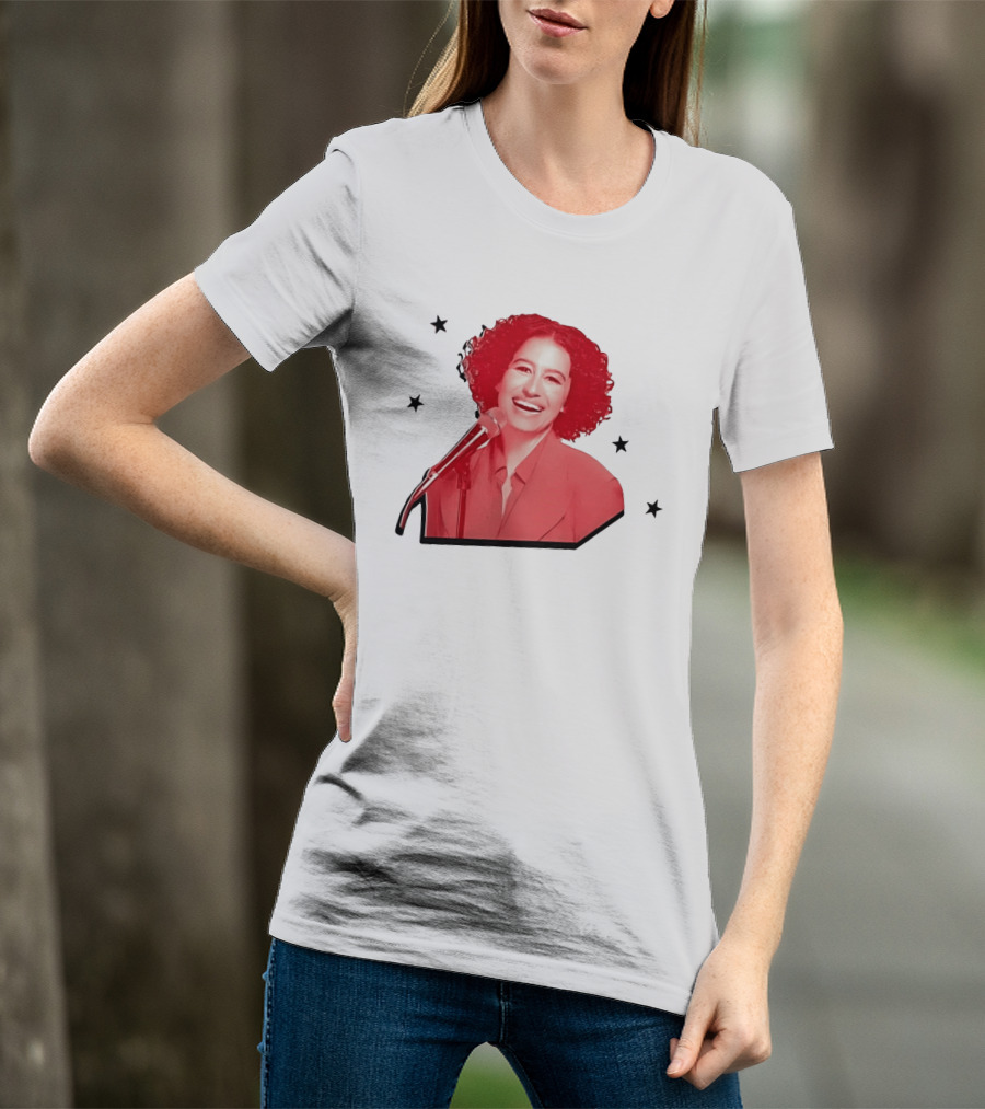 Red Tinted Woman Curly Hair Microphone Black Stars T-Shirt
