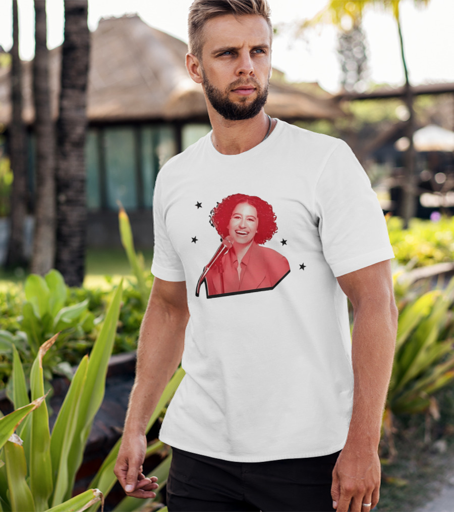 Red Tinted Woman Curly Hair Microphone Black Stars T-Shirt