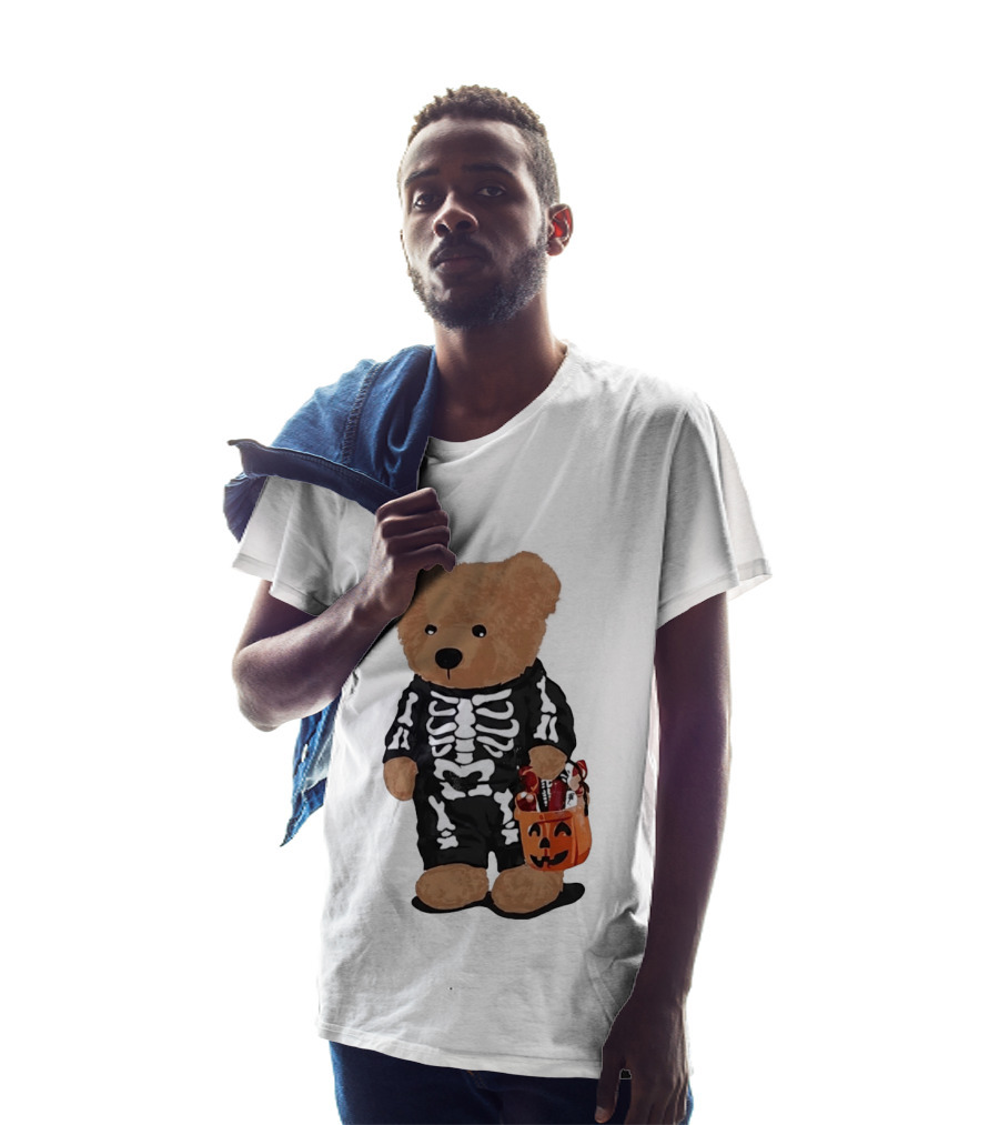 Teddy Bear Skeleton Costume Jack O Lantern Pumpkin Candy Cartoon T-Shirt