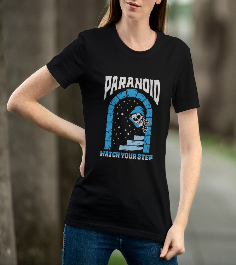 Paranoid Skeleton Peeking Stone Archway Your Step T-Shirt