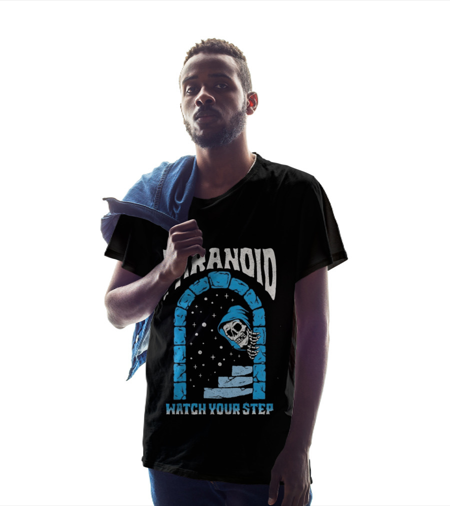Paranoid Skeleton Peeking Stone Archway Your Step T-Shirt