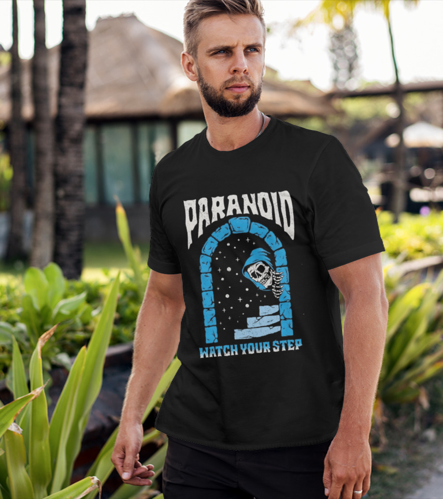 Paranoid Skeleton Peeking Stone Archway Your Step T-Shirt