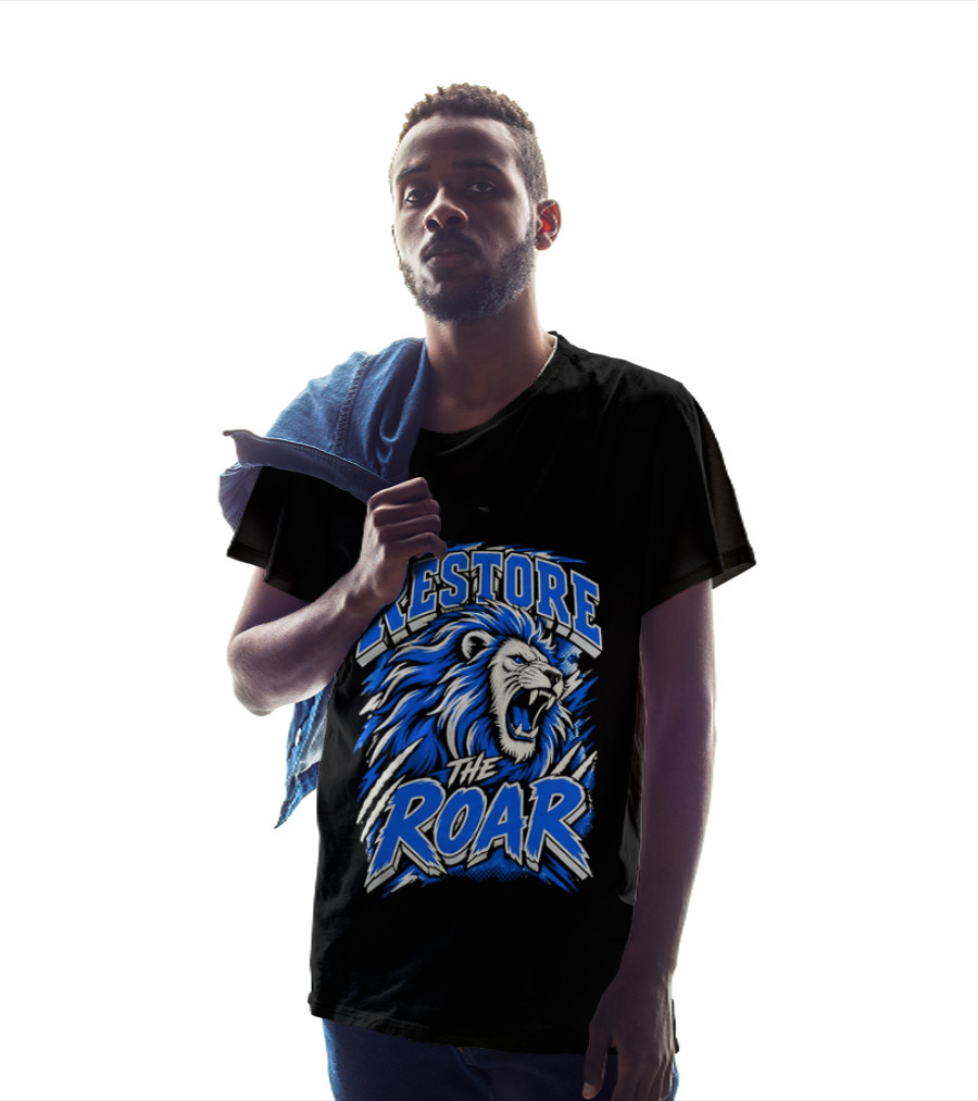 Restore The Roar Blue Lion Head With Halftone Scratch Marks T-Shirt