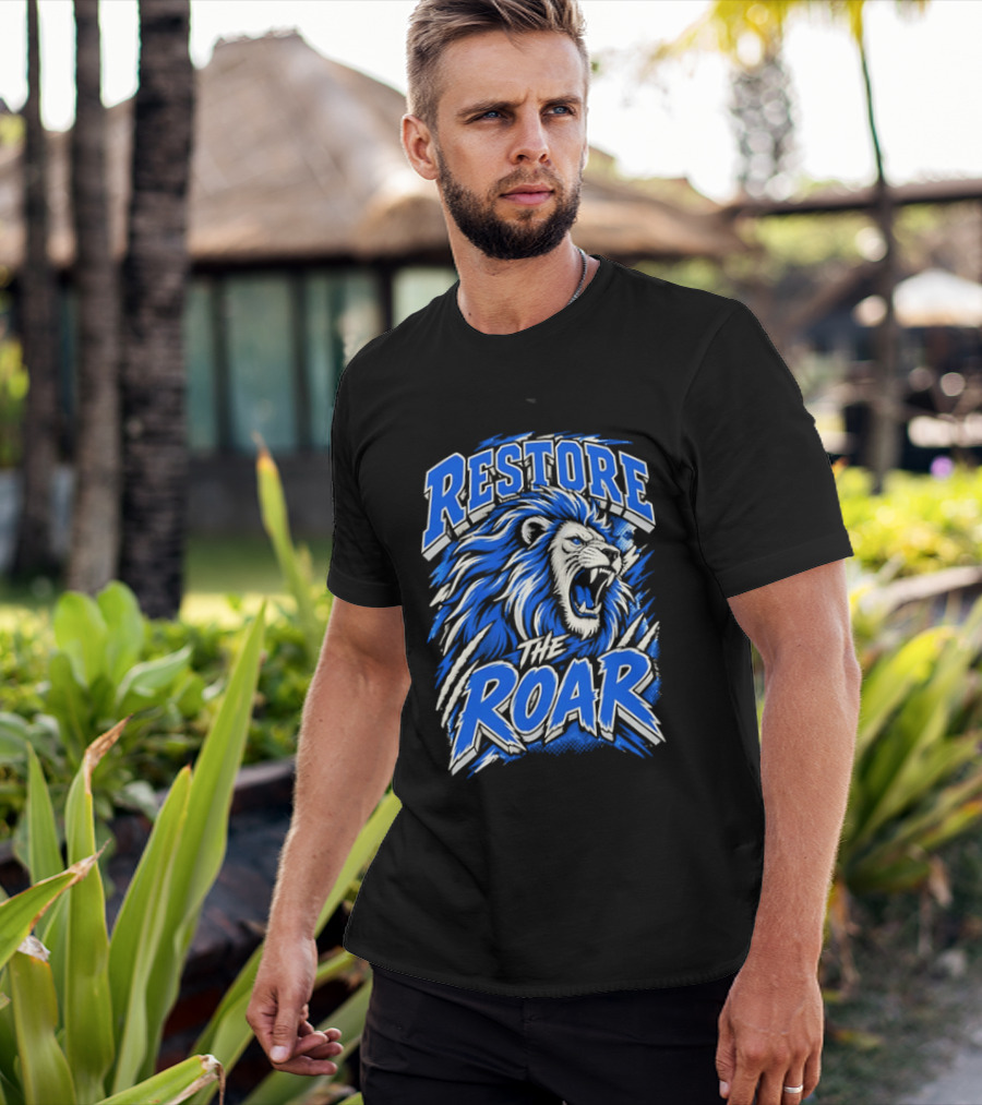 Restore The Roar Blue Lion Head With Halftone Scratch Marks T-Shirt