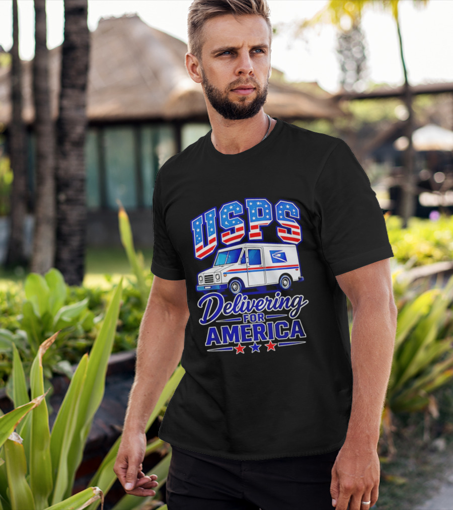 USPS Delivering For America Mail Truck Patriotic Stars And Stripes T-Shirt