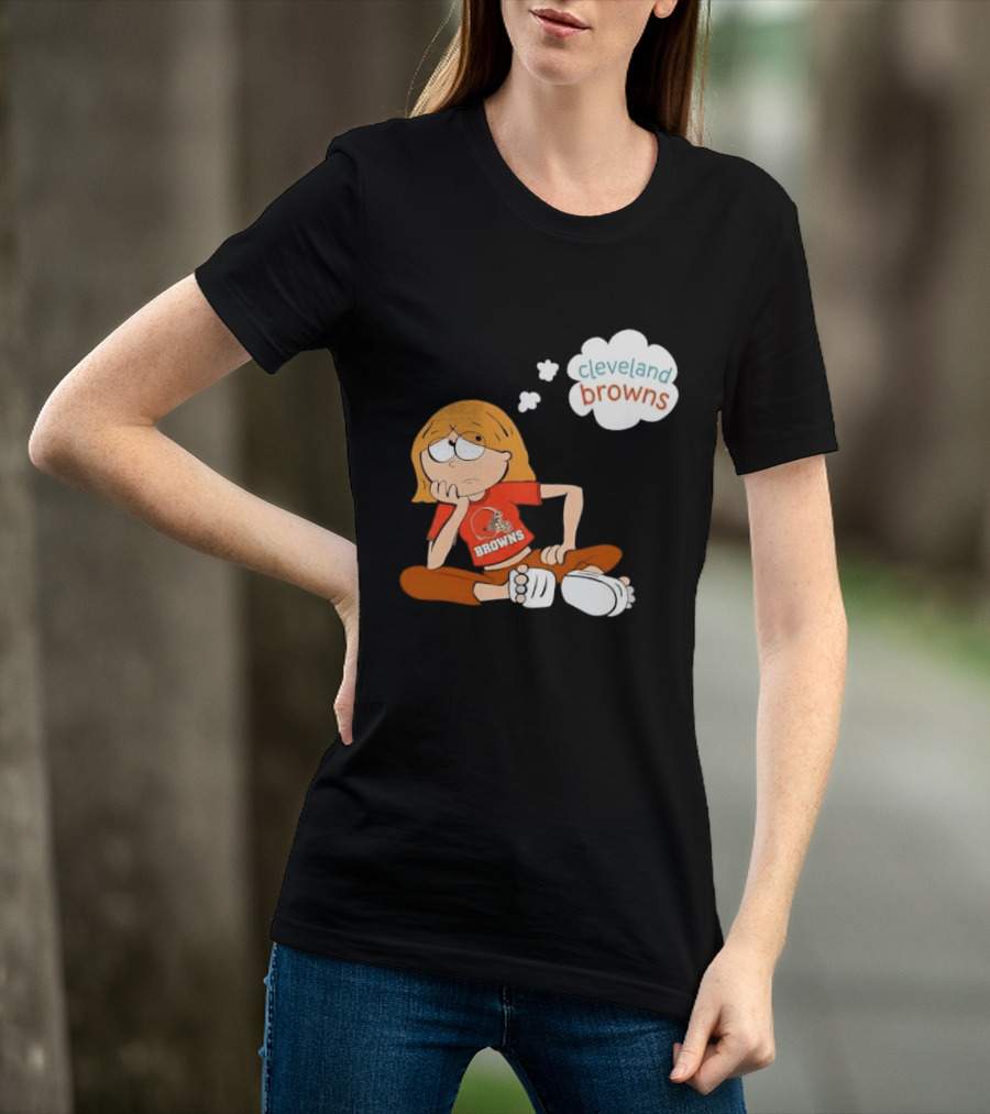 Cleveland Browns Cartoon Girl Sitting With Thought Bubble T-Shirt