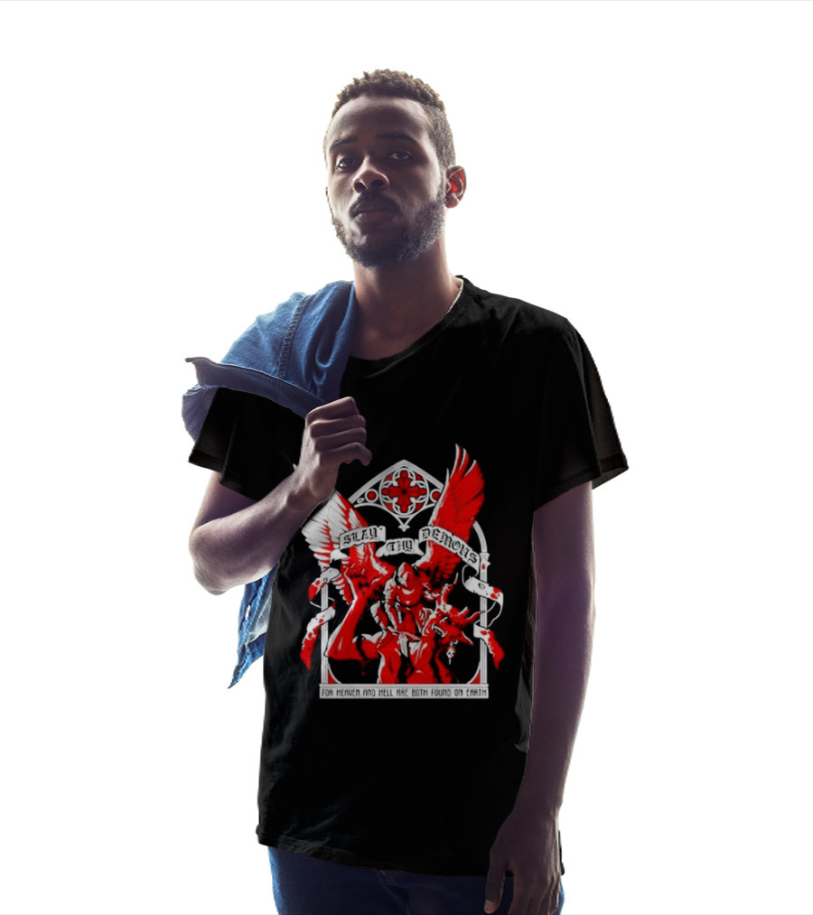 Slay Thy Demons For Heaven And Hell Are Both Found On Earth Angelic Warrior With Wings T-Shirt