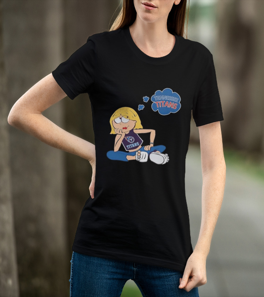 Tennessee Titans Blonde Cartoon Girl Sitting Thinking Thought Bubble Titans T-Shirt
