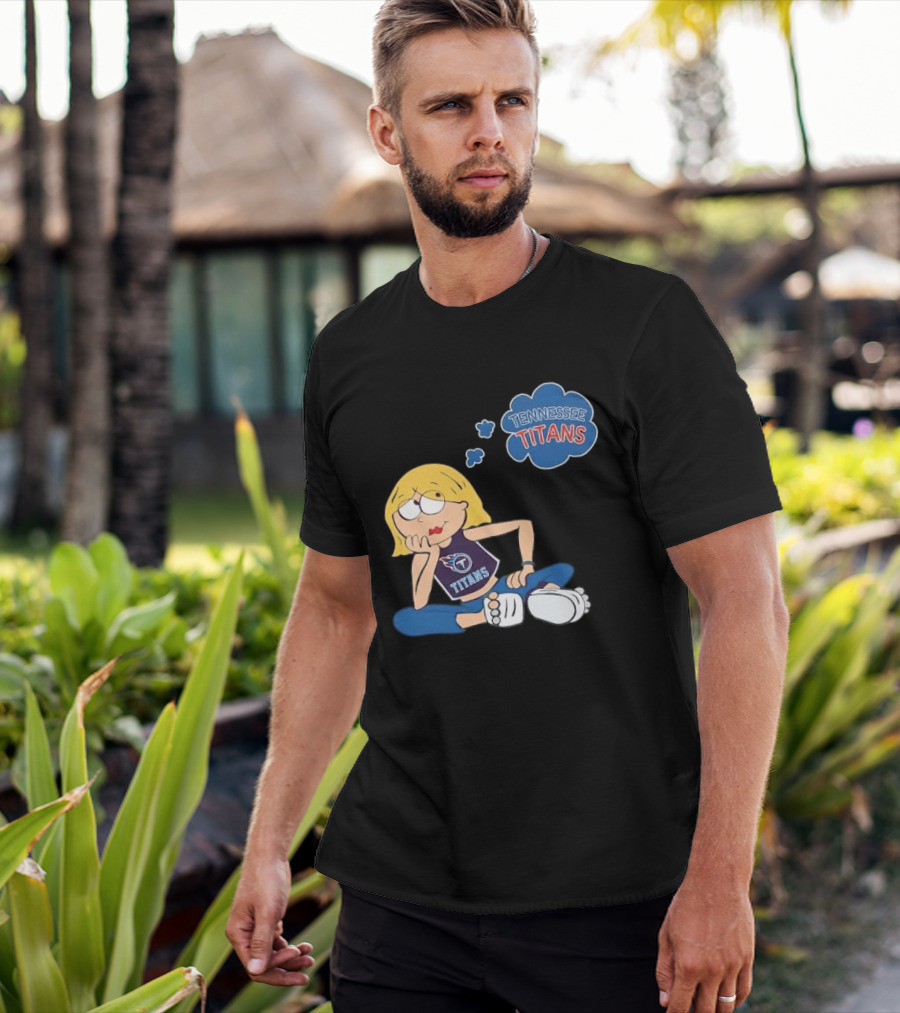 Tennessee Titans Blonde Cartoon Girl Sitting Thinking Thought Bubble Titans T-Shirt