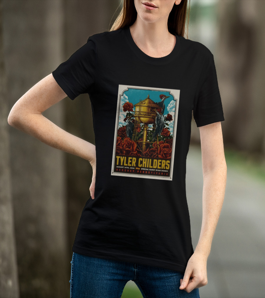 Tyler Childers August 14 2026 Hershey PA Water Tower Woodpeckers Roses T-Shirt
