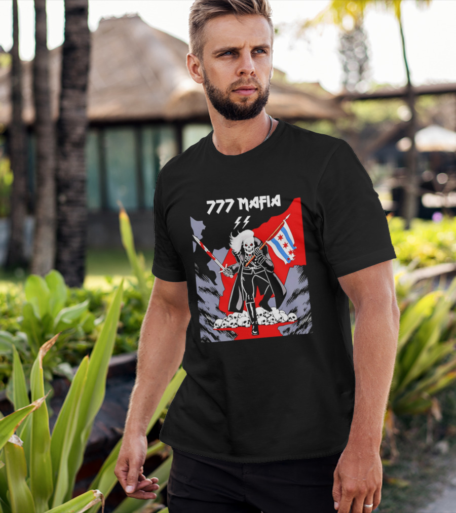 777 Mafia Chicago Flag Skeleton Skull T-Shirt
